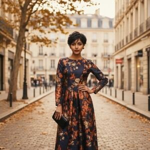 SHEIN Dark Blue and Orange Floral Long Sleeve Dress